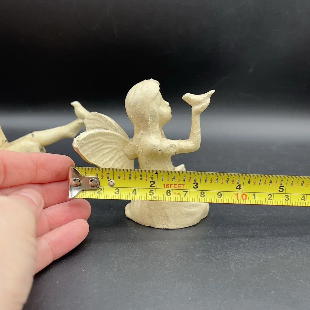Vintage CAST IRON FAIRY WITH BIRD ON HAND & Playful Garden Fairy Cream Rustic